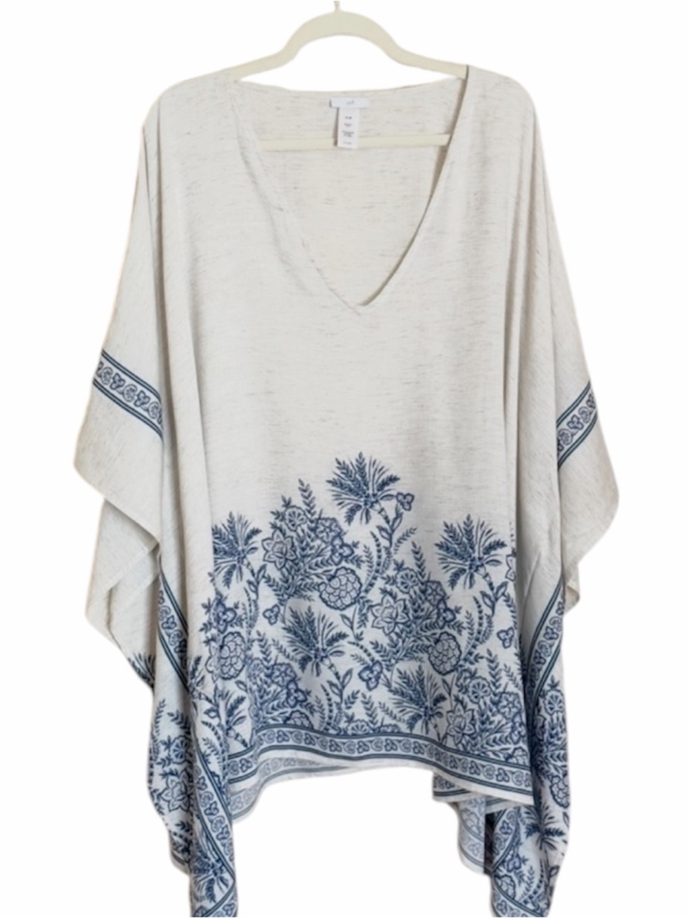 J. Jill Linen Blean Cream Poncho Top with Blue Floral Border. Size XL-3X